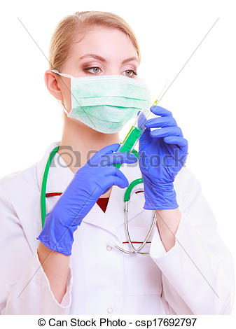Stock Photo   Woman In Mask And Lab Coat  Doctor Nurse With Syringe