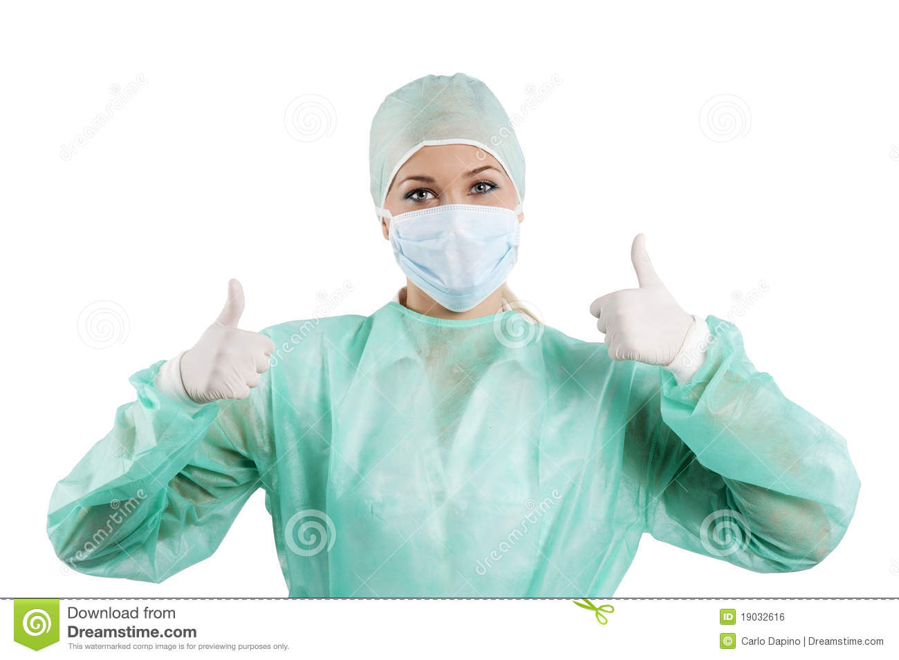 Young Beauty Nurse In Green Operation Dress With Surgery Cap And Mask
