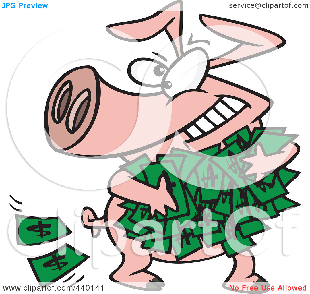 Art Illustration Of A Cartoon Greedy Pig With Money By Ron Leishman