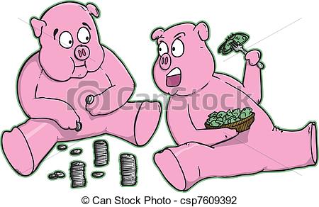 Banks   Two Pigs Eating Money And Talking Csp7609392   Search Clipart