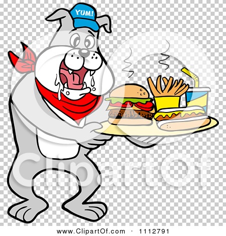 Clipart Bbq Bulldog Mascot Drooling Over A Tray With A Hot Dog Burger