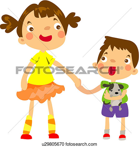 Clipart   Hugging Sister Holding Arms Dog Pet Brother  Fotosearch    