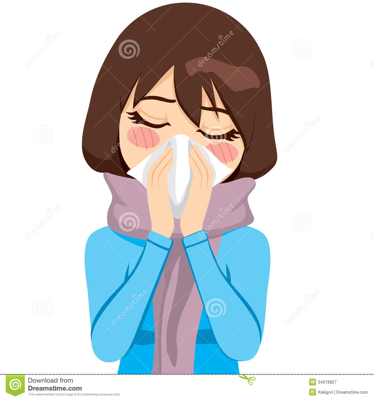     Influenza And Runny Nose Blowing Her Nose With A Handkerchief