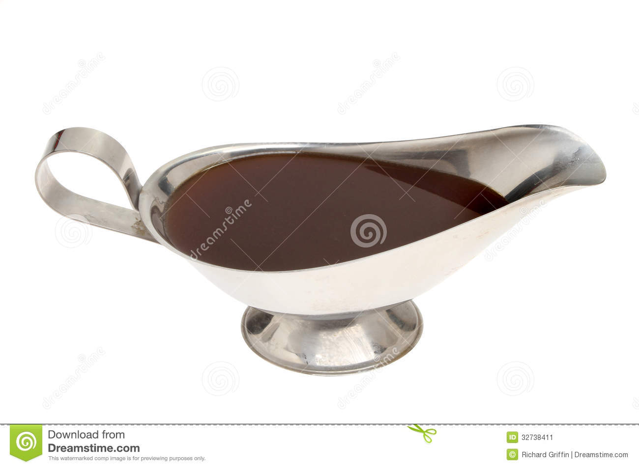 Meat Gravy In A Stainless Steel Gravy Boat Isolated Against White