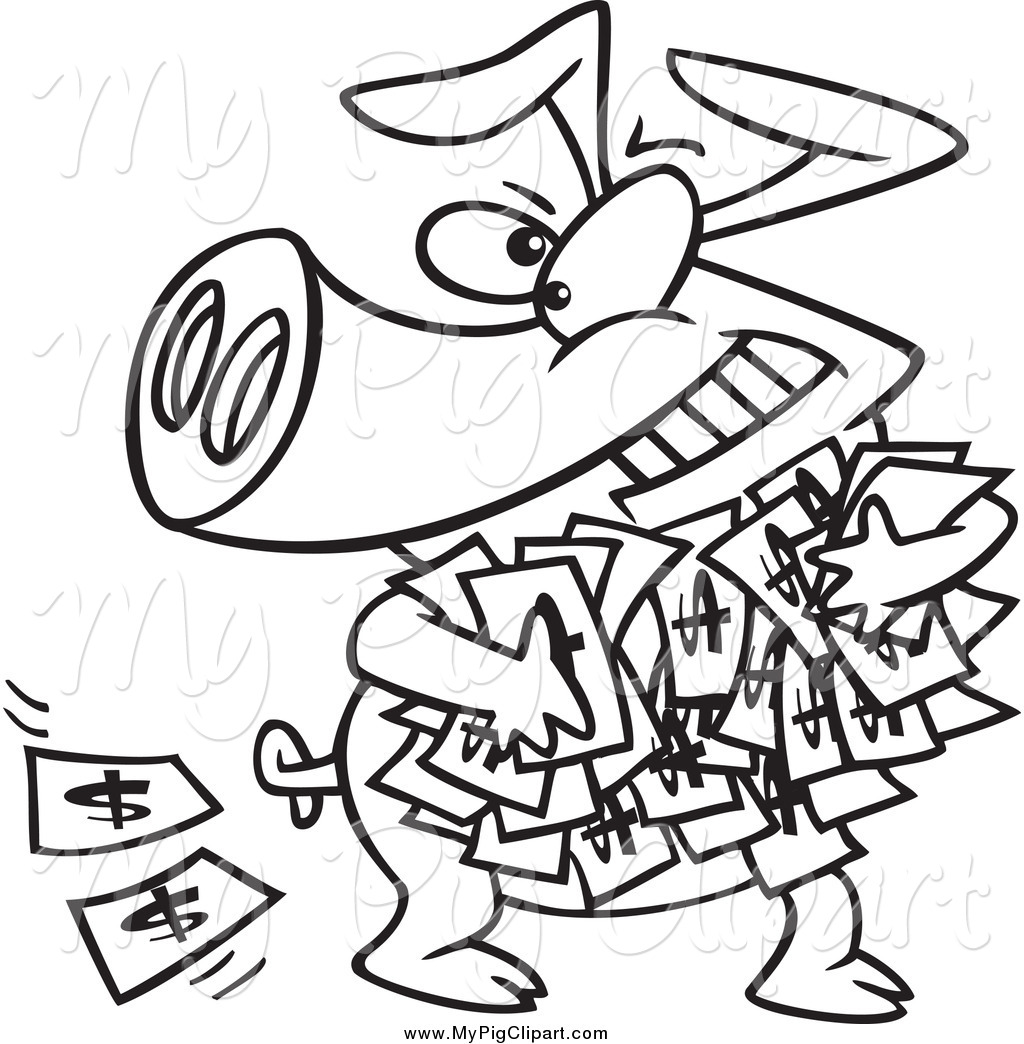 Swine Clipart Of A Black And White Greedy Pig With Money By Ron