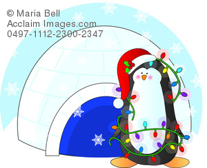 Christmas Penguin Tangled Up In Christmas Lights In Front Of His Igloo