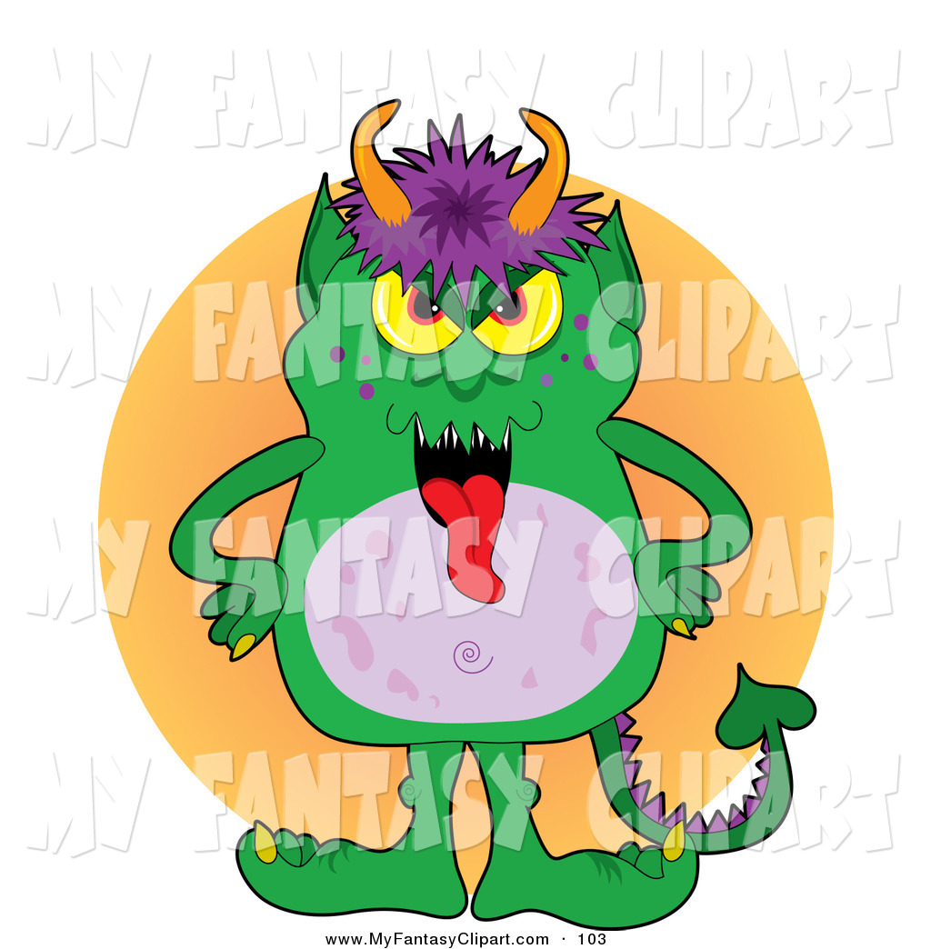Clip Art Of A Silly Green Monster With Purple Hair And Horns On His    
