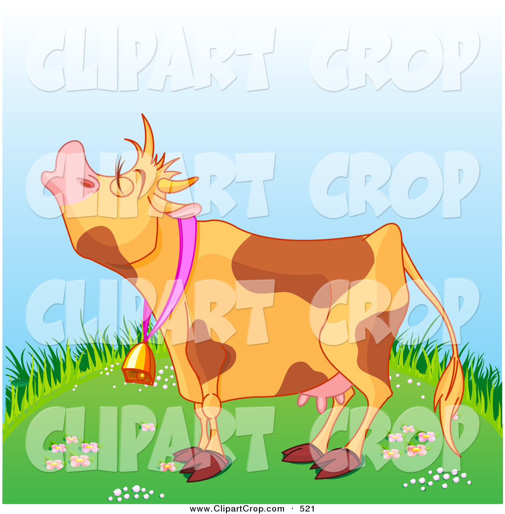 Clip Art Vector Of A Brown Spotted Farm Cow Mooing On A Green Grassy
