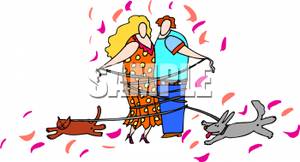Couple Tangled Up In Their Pets Leashes   Royalty Free Clipart Picture