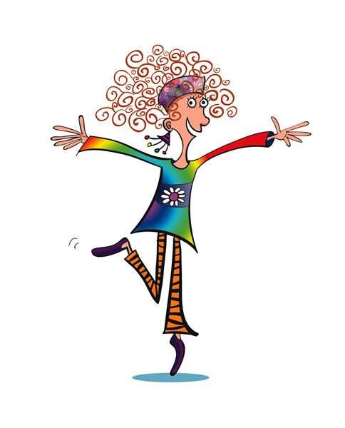 Crazy Hair Dancing Girl Colourful Clothes Cartoon Illustration