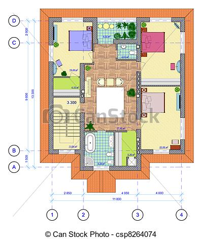 Architectural Multicolored Plan Of 2 Floor Of House With A Placement