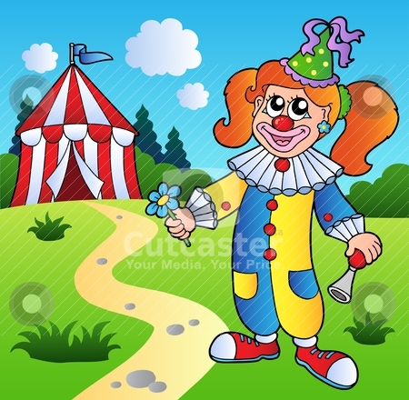 Clown Girl With Circus Tent Stock Vector Clipart Cartoon Clown Girl