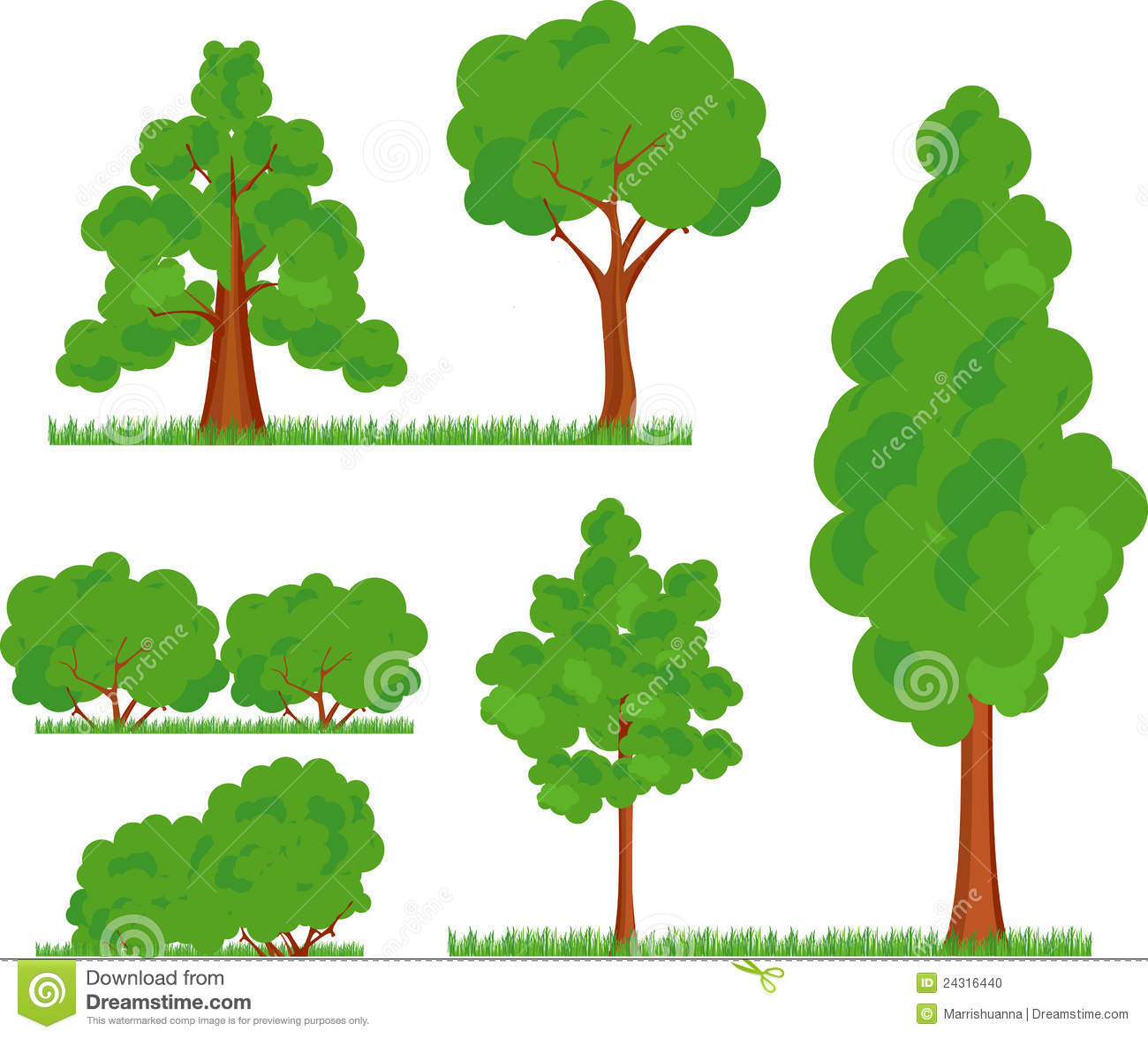 Collection Of Various Types And Forms Of Trees Bushes Grass On A