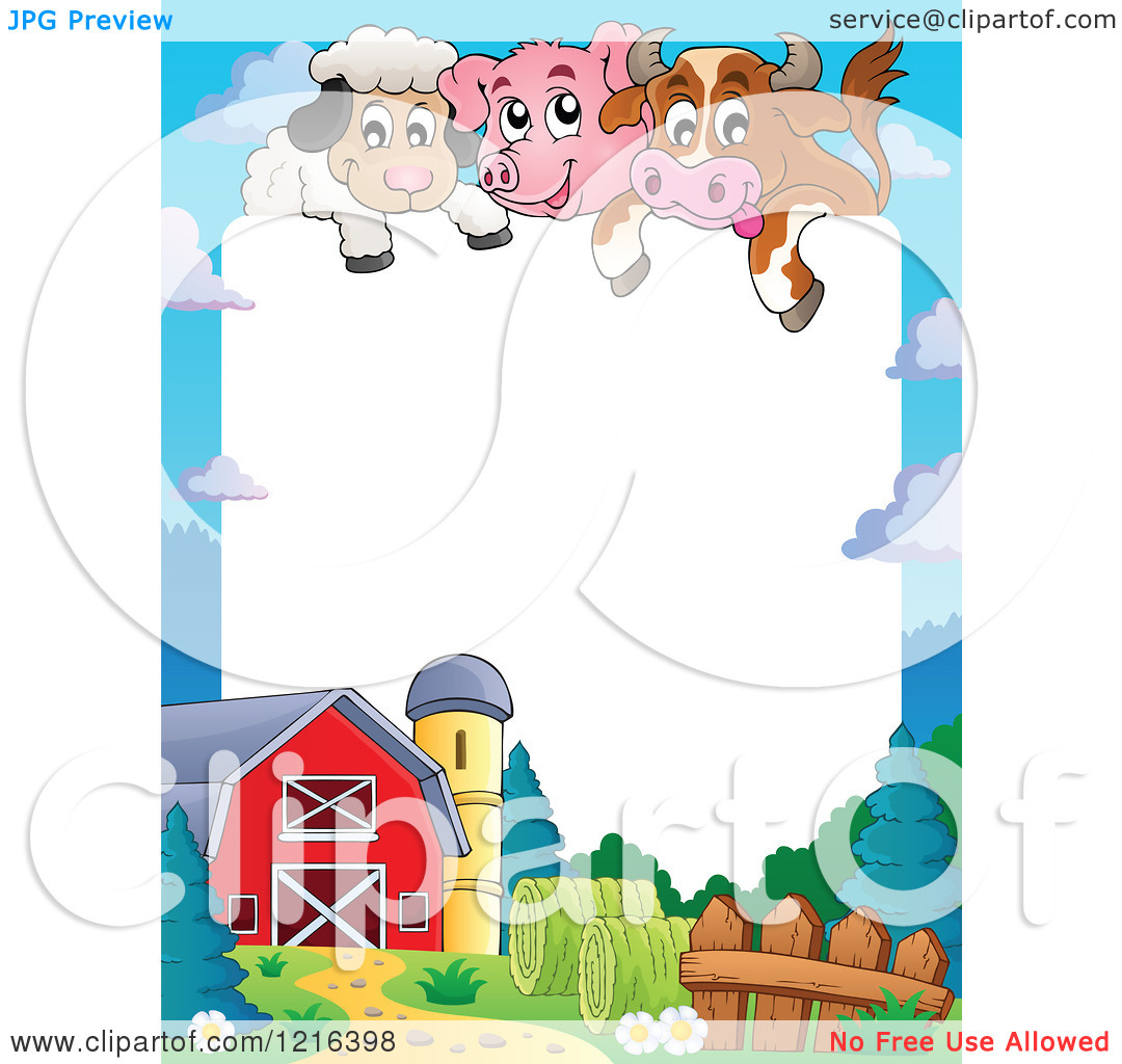 Clipart Of A Happy Cow Pig And Sheep Over A Barnyard Border   Royalty    