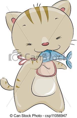Eps Vector Of Cat Eating Fish   Illustration Of A Cute Cat Wearing A