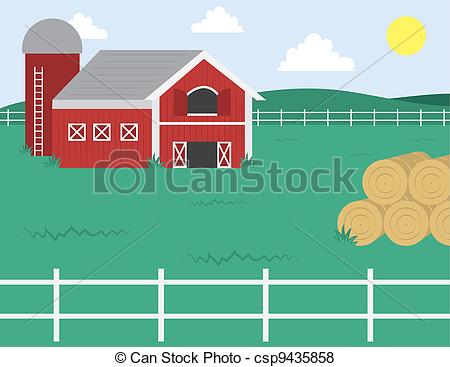 Vector Of Farm With Barn   Cartoon Farm With Barn And White Fence    