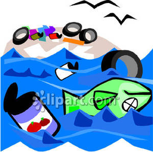 Cartoon Fishing Net In Water A Dead Fish And Trash In Water