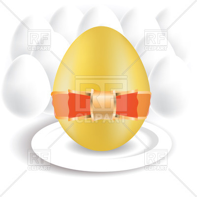 Easter   Golden Egg With Ribbon On Plate With White Eggs Behind 39276