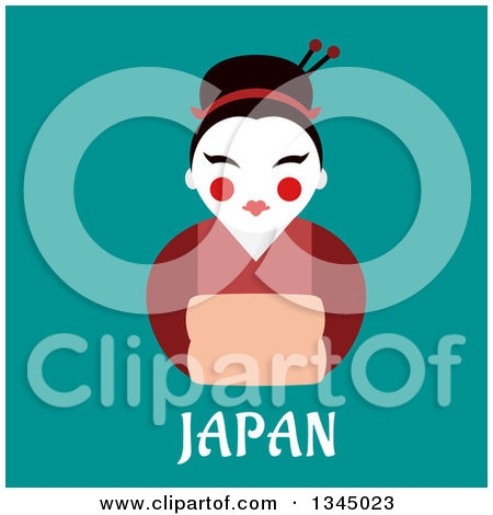 Geisha Woman Wearing A Formal Red Kimono Over Japan Text On Turquoise
