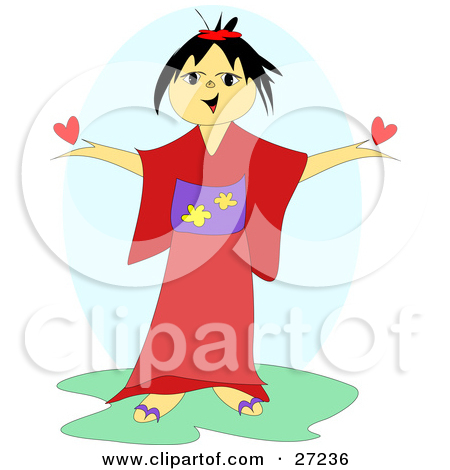 Japanese Girl In A Red And Purple Kimono Holding Up A Red Heart