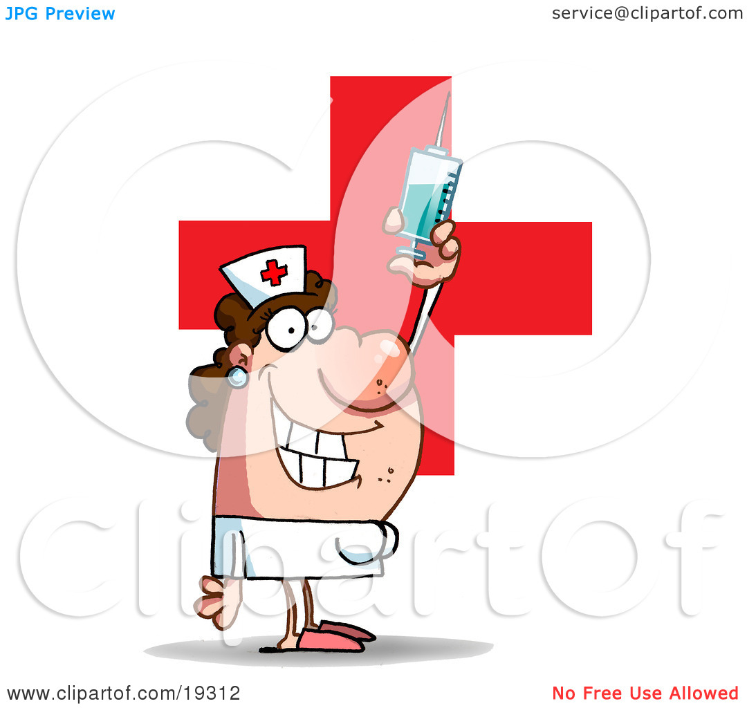     Of A Big Red Cross And Holding Up A Big Needle And Syringe Of Medicine