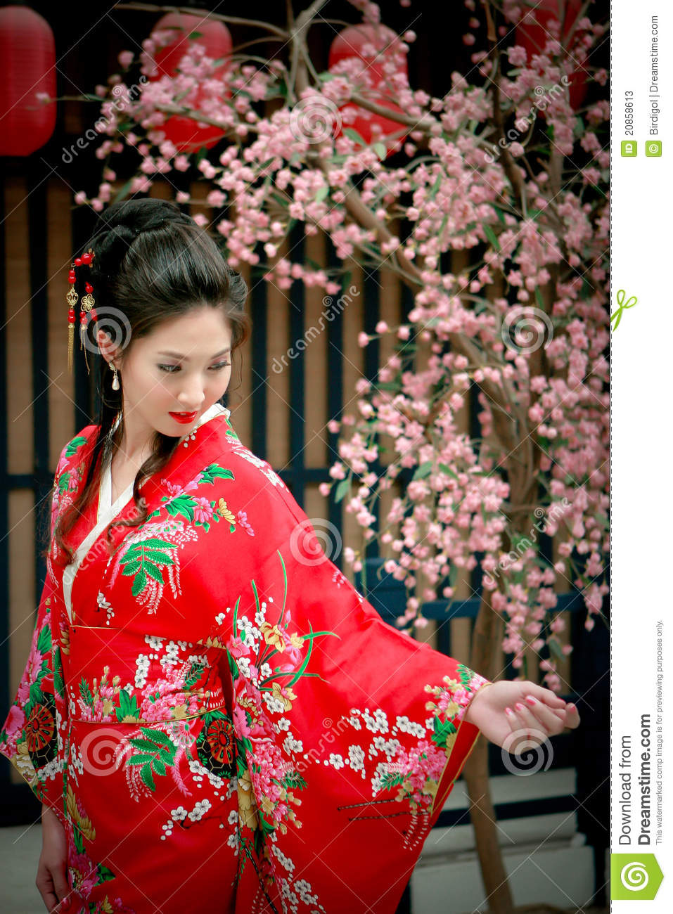 Of Young Beautiful Girl In Red Kimono Stock Photos   Image  20858613