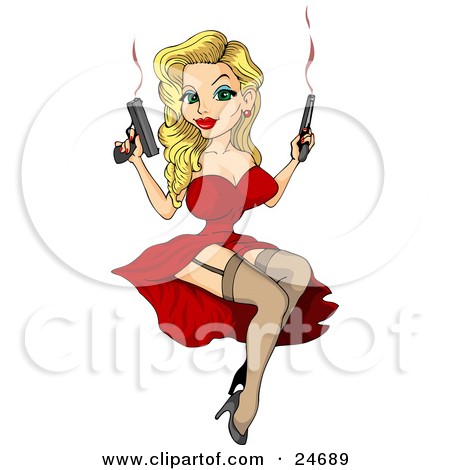 Sexy Blond Pinup Woman In A Red Dress And Leggings Holding Two Smoking