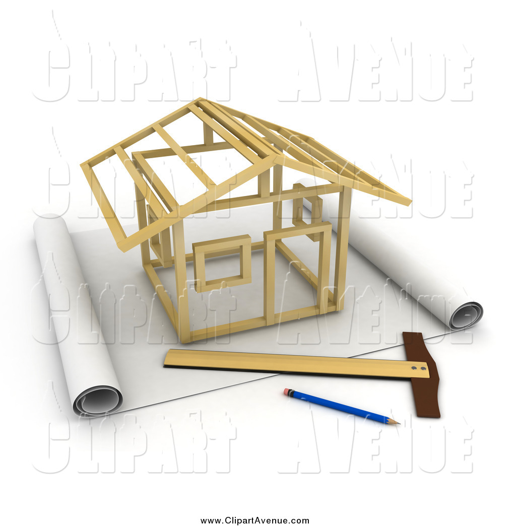 Avenue Clipart Of A 3d Stick House Being Constructed On Blueprints By    