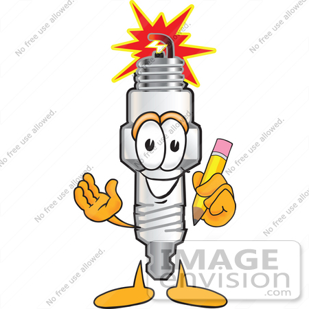 Clip Art Graphic Of A Spark Plug Mascot Character Holding A Pencil