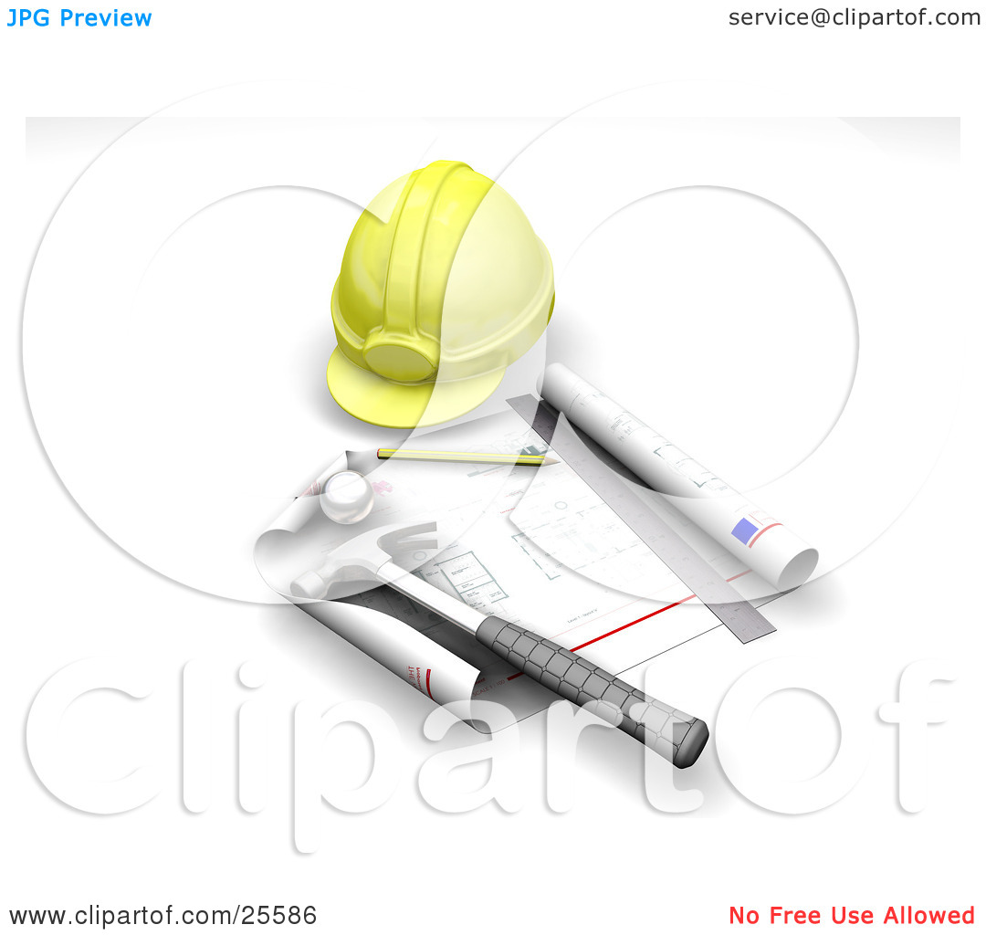 Clipart Illustration Of A Yellow Hardhat Blueprints Ruler Pencil