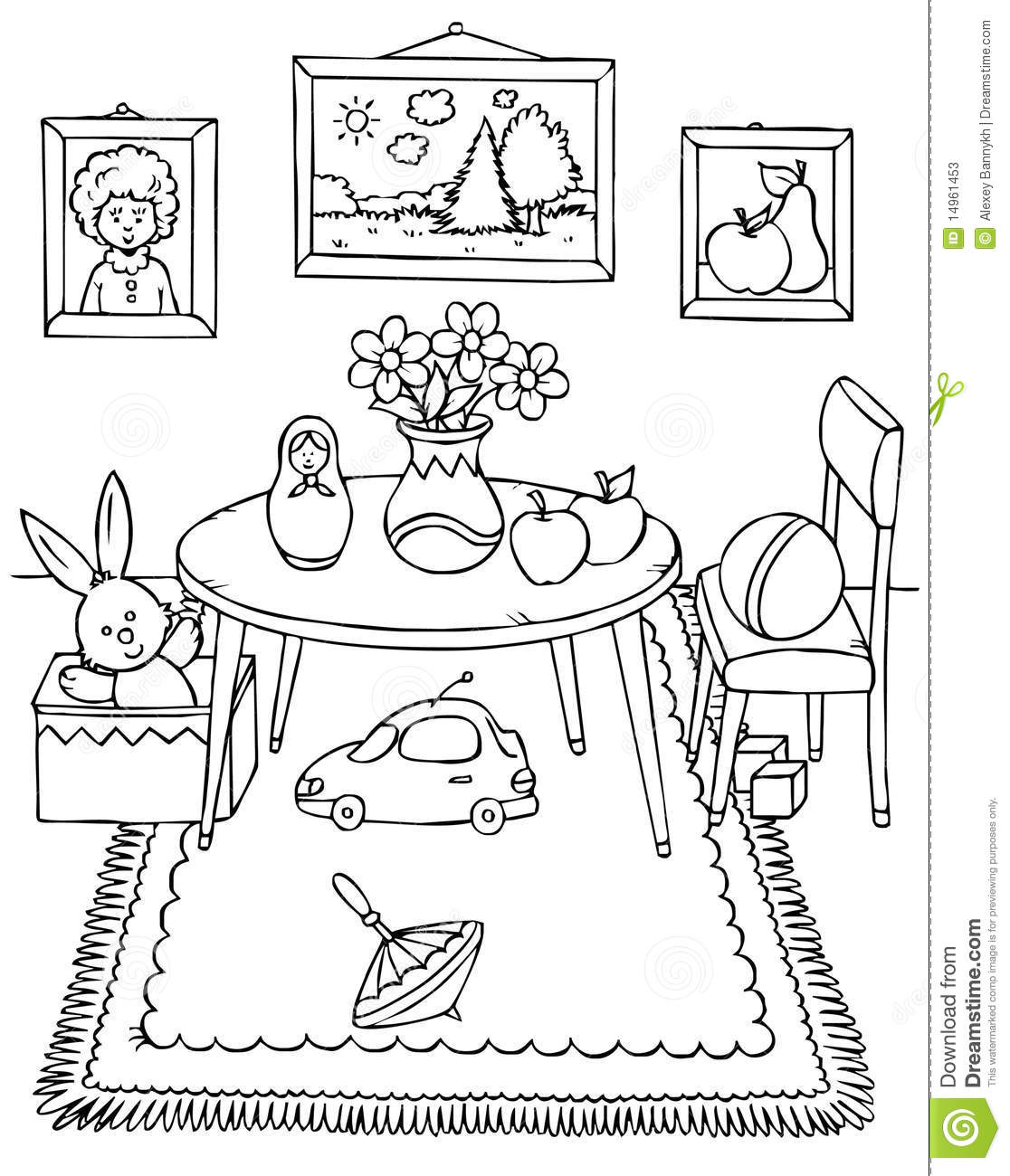 Coloring Page   Table Chair Pictures And Toys In A Room