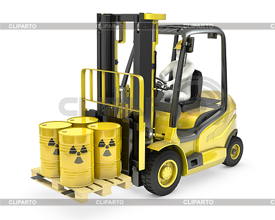 Fork Lift Truck With Radioactive Barrels Isolated On White Background    