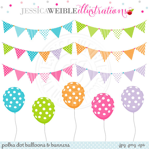 Polka Dot Balloons   Banners Cute Digital Clipart Bunting Clipart    