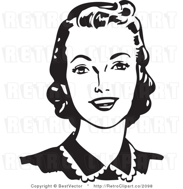 Royalty Free Black And White Retro Vector Clip Art Of A Winking Woman    