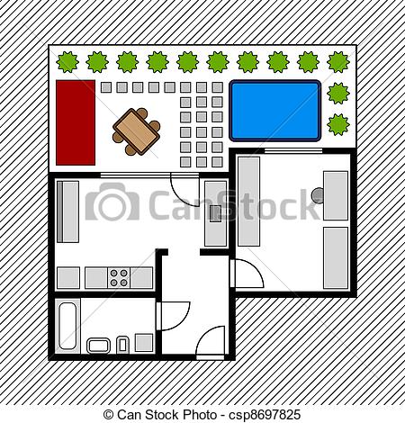 Vector   Vector House Floor Plan With Garden   Stock Illustration