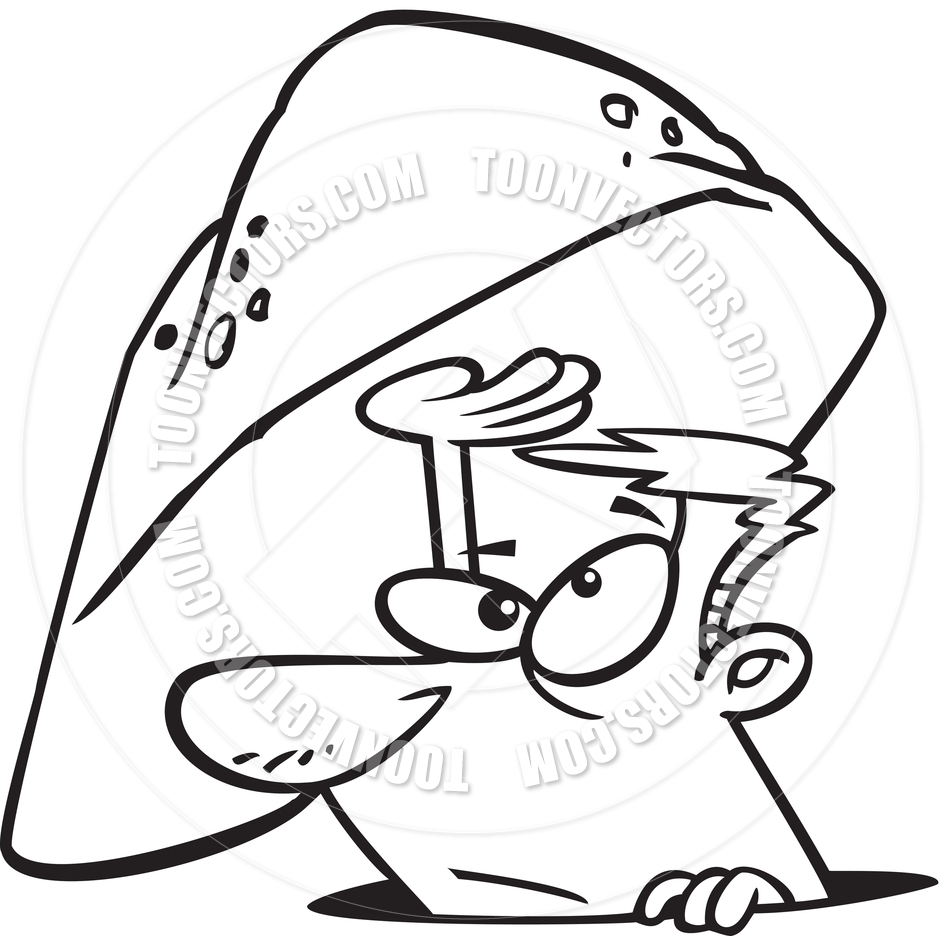 Cartoon Man Under A Rock  Black And White Line Art  By Ron Leishman