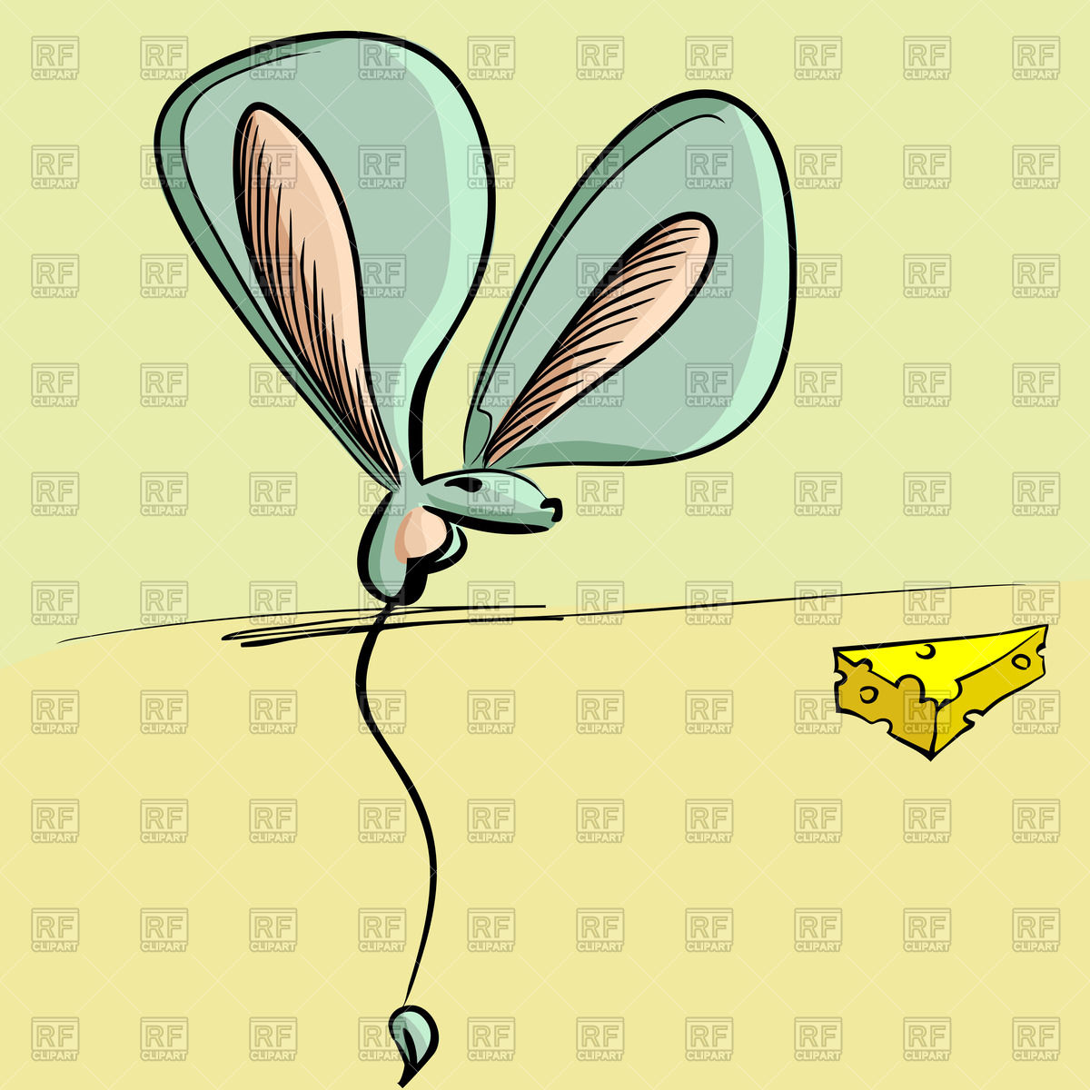 Cartoon Mouse With Big Ears And Long Tail Looking At A Cheese 43960
