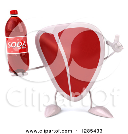 Clipart Of A 3d Beef Steak Character Holding Up A Soda Bottle