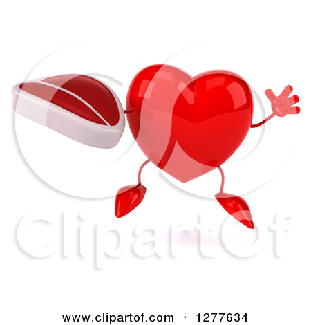 Clipart Of A 3d Heart Character Jumping And Holding A Beef Steak