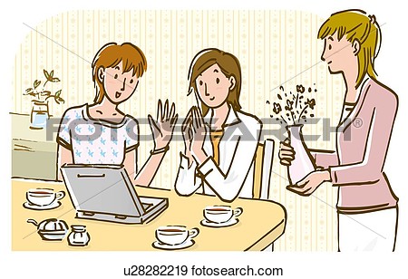     Enjoying Tea Break Two Looking At Laptop One Holding Vase Of Flower