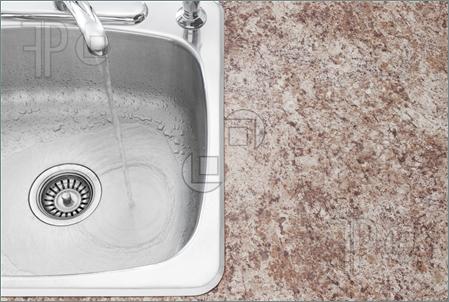 Water Running From Kitchen Faucet Sink And Countertop Detail Photo    