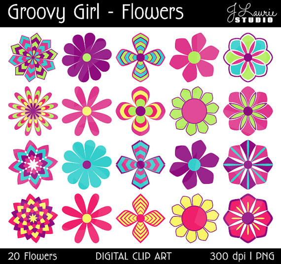Digital Clipart Flowers Groovy Girl Flowers Colorful Seventies Sixties