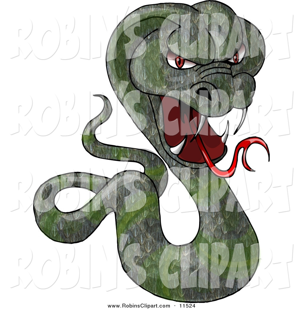 Clip Art Of A Mad Green Cobra Snake Baring Its Fangs And Forked Tongue