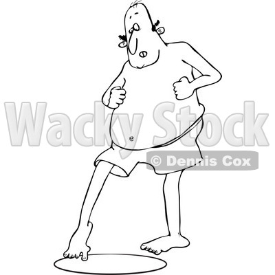 Clipart Of A Black And White Chubby Man In Swim Trunks Dipping His    