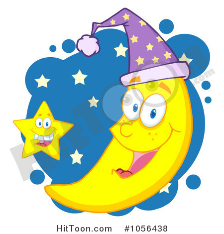Star By A Happy Crescent Moon Wearing A Night Cap Over Blue  1056438