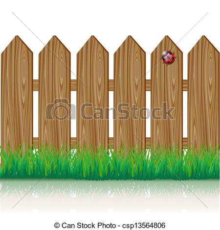 Vector Clipart Of Wooden Fence With A Green Grass And Ladybird