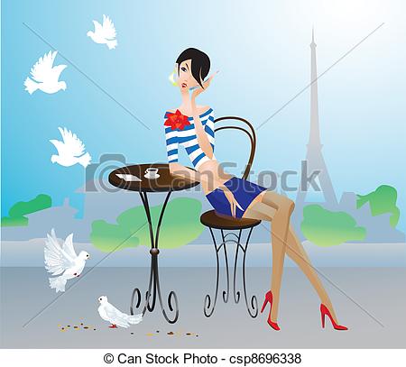 Vector   Girl In Paris Street Cafe   Stock Illustration Royalty Free