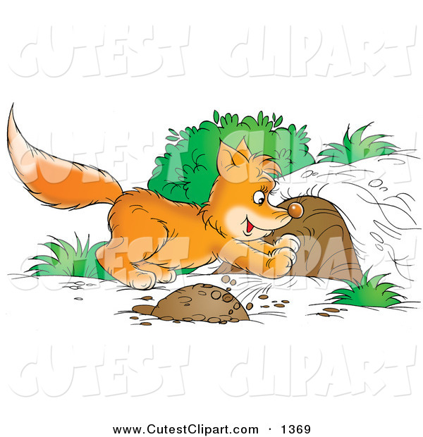 Clip Art Of An Orange Fox Kit Digging A Den Out Of A Mound Of Dirt Or