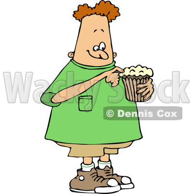 Clipart Of A Chubby White Boy Eating A Cupcake   Royalty Free Vector