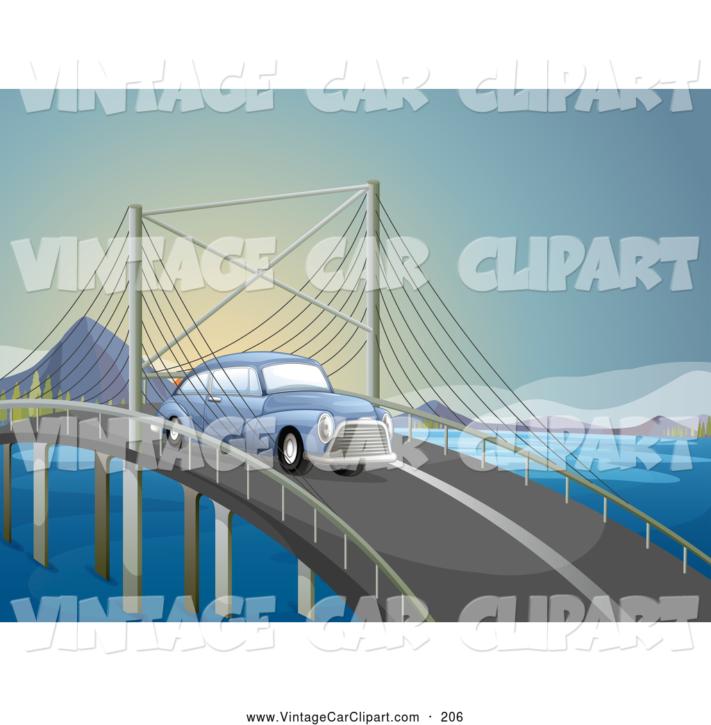 Clipart Of A Old Fashioned Vintage Blue Car On A Bridge By Colematt